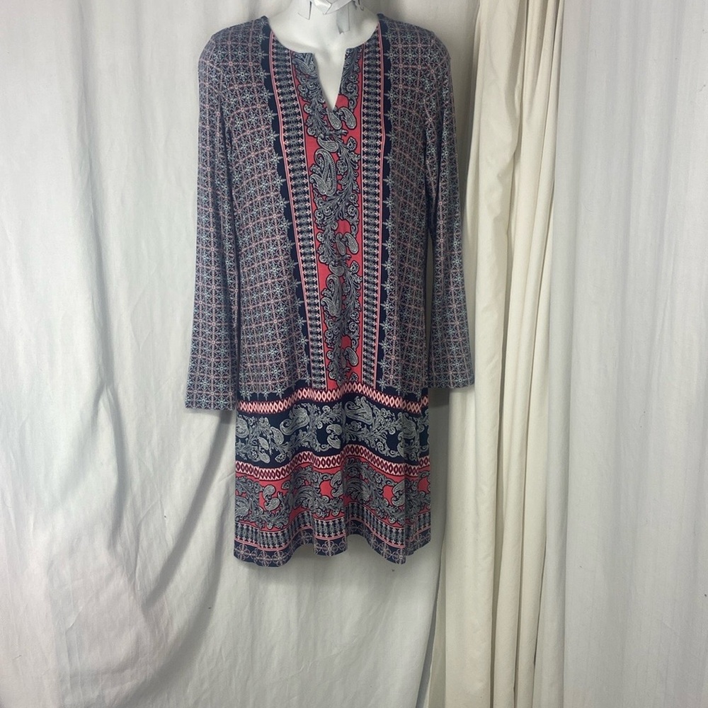 J.JILL SP S P Mixed Media Split Neck Pink Black Soft Knit Dress L/S Petite